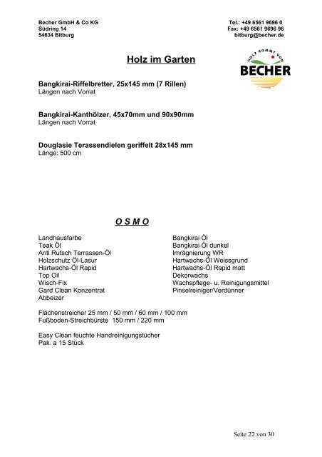 Lagerprogramm der Niederlassung Bitburg - Becher