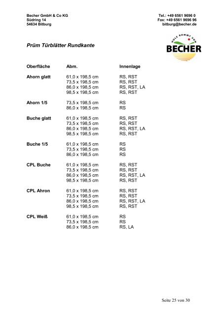 Lagerprogramm der Niederlassung Bitburg - Becher