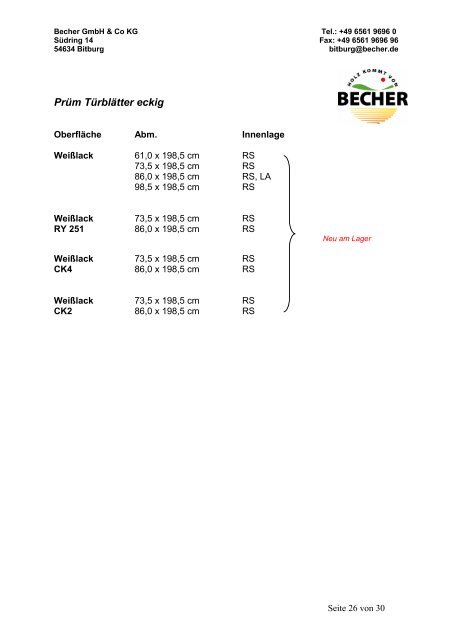 Lagerprogramm der Niederlassung Bitburg - Becher