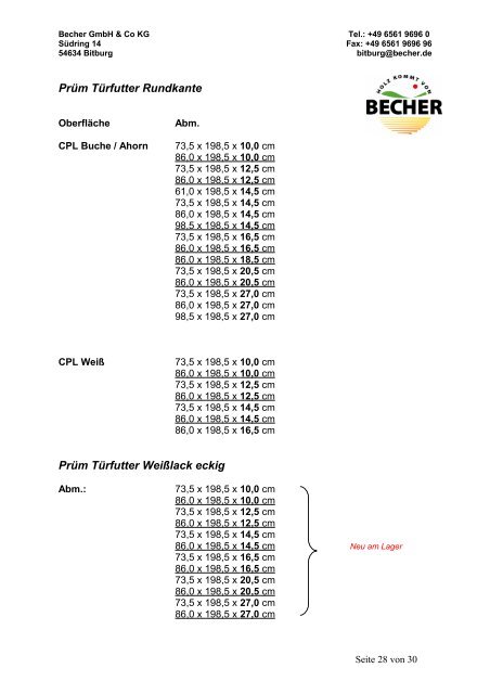 Lagerprogramm der Niederlassung Bitburg - Becher