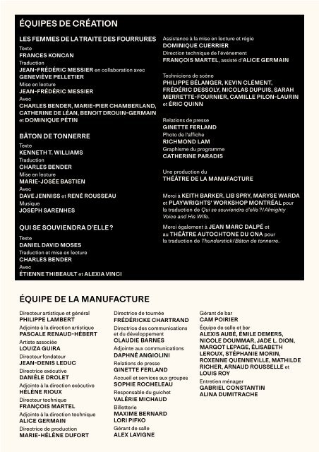 Programme de soirée - Semaine de la dramaturgie autochtone