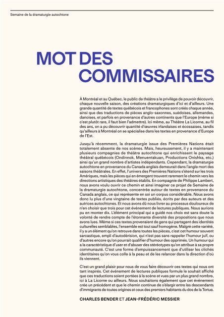 Programme de soirée - Semaine de la dramaturgie autochtone