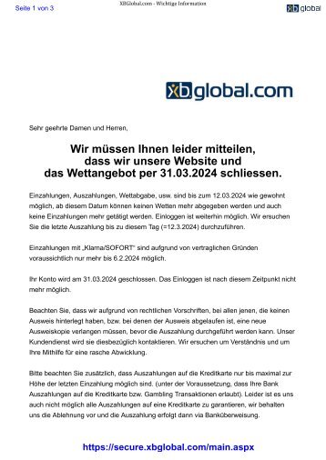 XBGlobal - Information der Geschäftsführung