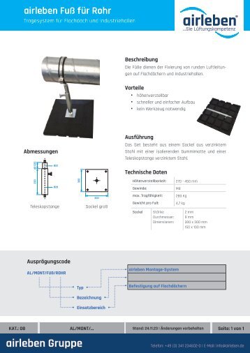 airleben Montagesystem Fuß für Rohr Technisches Datenblatt