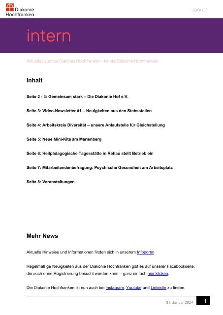 Diakonie Hochfranken - Interner Newsletter Januar 2024