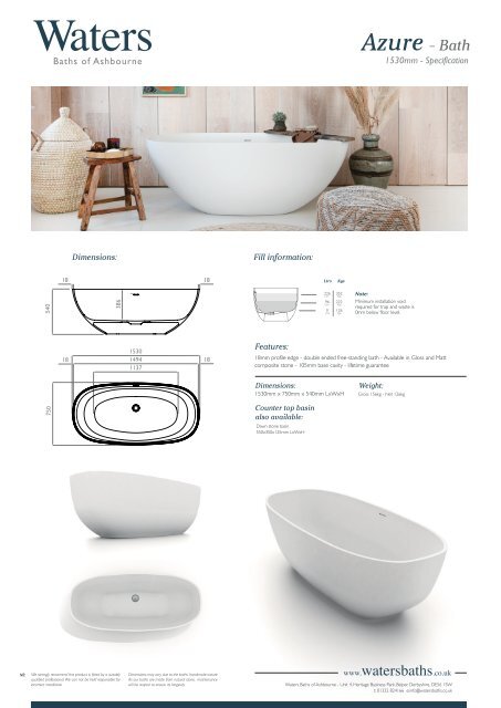 Azure Bath Specification Sheet from Waters Baths of Ashbourne 