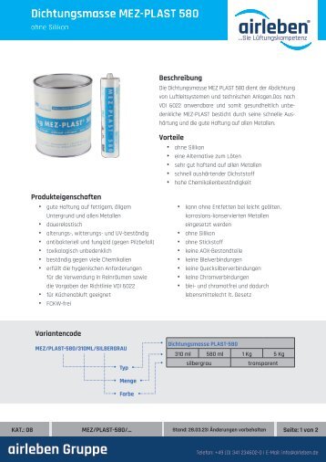 airleben Dichtungsmasse MEZ-PLAST 580 Technisches Datenblatt