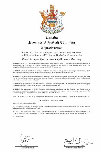Proclamation BC Chamber of Commerce Week: February 12-16, 2024