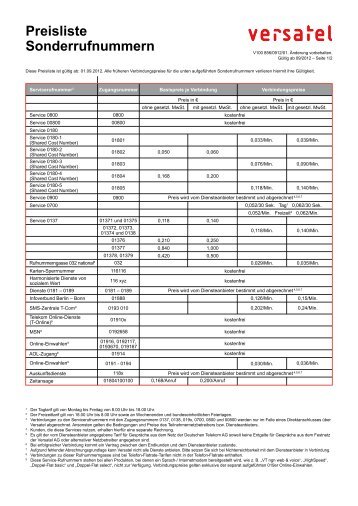 Preisliste Sonderrufnummern - Versatel