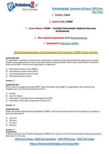 [February-2024]New Braindump2go CISSP PDF and CISSP VCE Dumps(460-549)