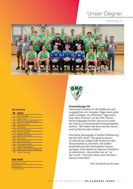 Die Tegelsburg No. 15 - Wo Handball lebt - Hallenheft 3. Liga 1. Herren vs. Oranienburger HC