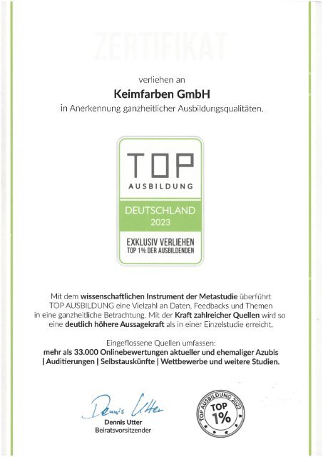 Auszeichnung KEIMFARBEN: TOP Ausbildung