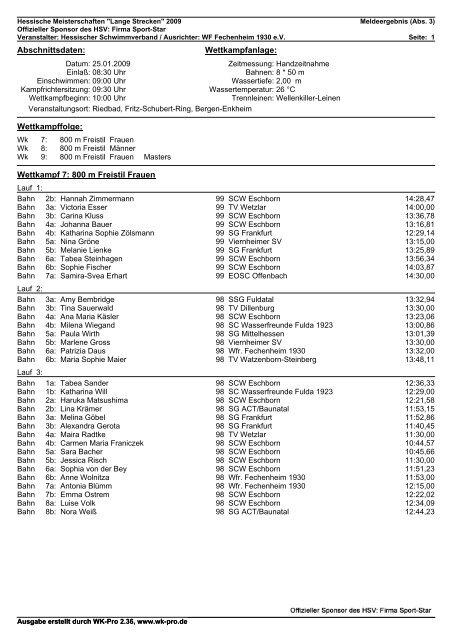 Wettkampf 7: 800 m Freistil Frauen - SG Frankfurt