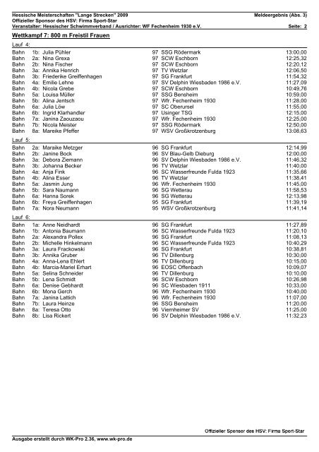 Wettkampf 7: 800 m Freistil Frauen - SG Frankfurt