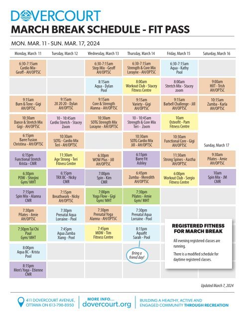 Dovercourt March Break schedule 2024