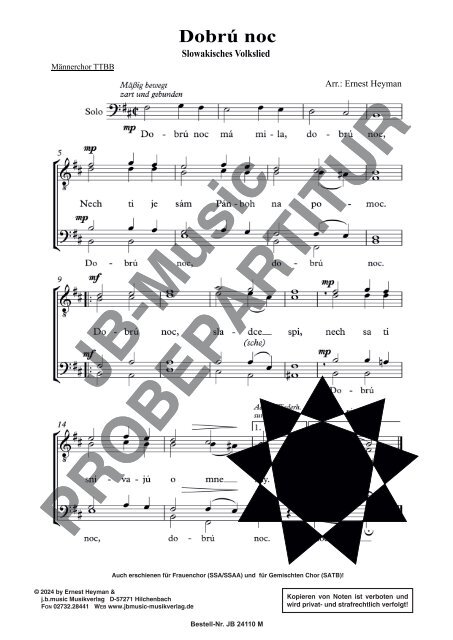 Dobrú noc (Volkslied aus der Slowakei) für Männerchor TTBB, Frauenchor SSA und Gemischten Chor SATB
