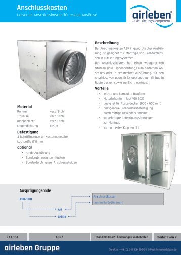 airleben Anschlusskasten ASK Technisches Datenblatt