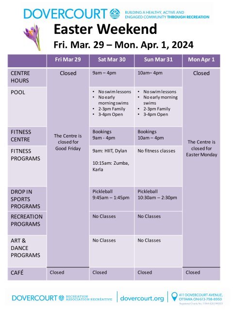 Dovercourt Easter 2024 schedule