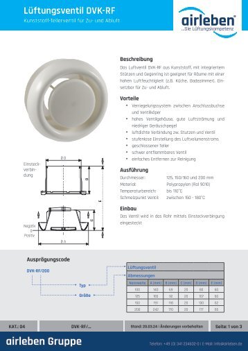 airleben Lüftungsventil DVK-RF Technisches Datenblatt