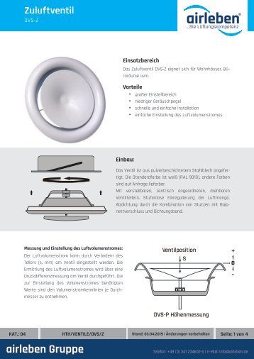 airleben Lüftungsventil DVS-Z-Zuluft Technisches Datenblatt
