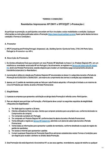 Reembolso HP ENVY e OFFICEJET PT - TERMOS E CONDIÇÕES até 30 Abril 2024