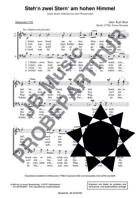 Steh'n zwei Stern' am hohen Himmel (für Männerchor (TTBB + TTB, Frauenchor (SSA) und Gemischten Chor (SATB + SAM)