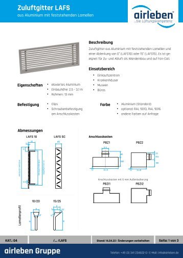airleben Zuluftgitter LAFS Technisches Datenblatt