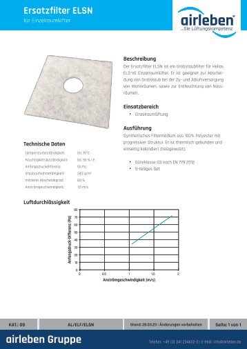 airleben Ersatzfilter ELSN für Helios ELS-VE Einzelraumlüfter Technisches Datenblatt