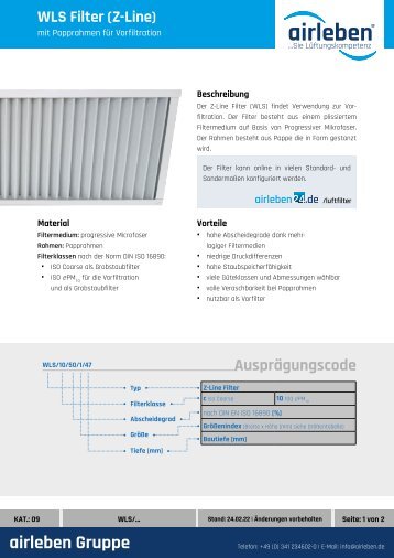 airleben WLS Z-Line Luftfilter Technisches Datenblatt