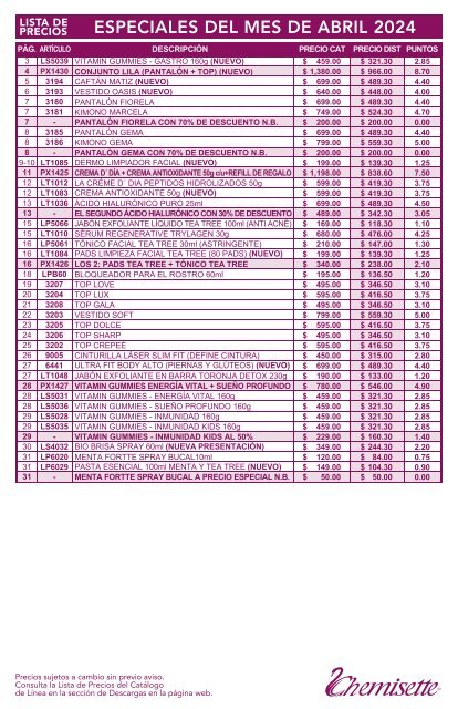 Lista de precios ABRIL 2024