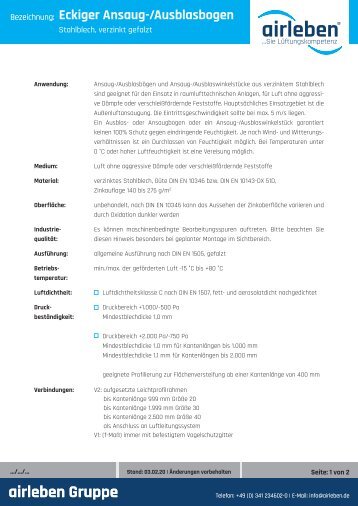 airleben Ansaug-Ausblasbogen Stahlblech verzinkt gefalzt Technisches Datenblatt