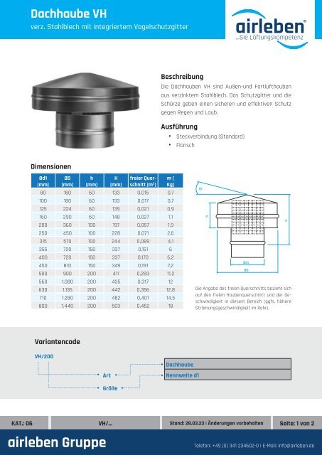 airleben Dachhaube VH Technisches Datenblatt