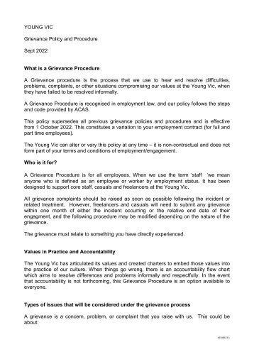 Young Vic Grievance Policy
