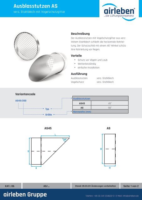 airleben Ausblasstutzen AS Technisches Datenblatt