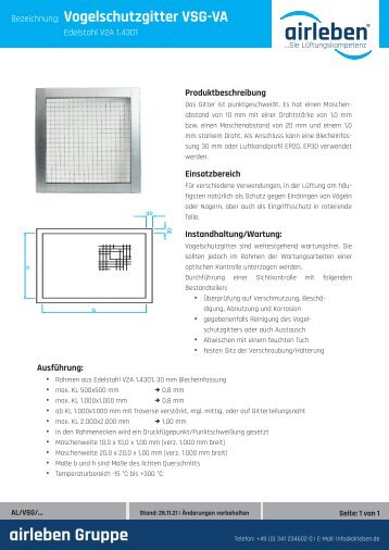 airleben Vogelschutzgitter VSG-VA Technisches Datenblatt