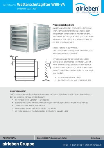 airleben Wetterschutzgitter WSG-V2A Technisches Datenblatt