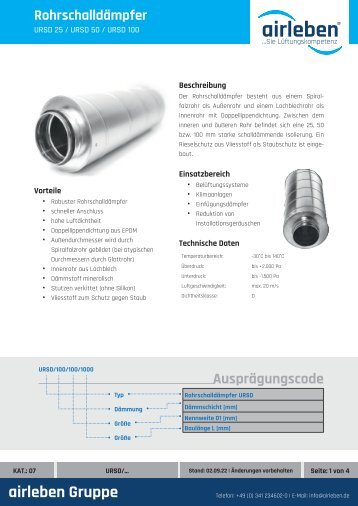 airleben Rohrschalldämpfer URSD Technisches Datenblatt