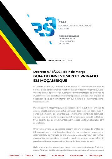 Legal Alert - Guia do investimento privado em Moçambique (Decreto n.º 8/2024 de 7 de Março)