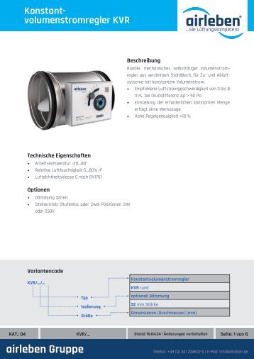 airleben Konstantvolumenstromregler KVR Technisches Datenblatt