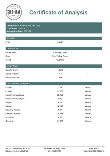 Cinnamon Bark Lot 167676 Finished Goods Testing