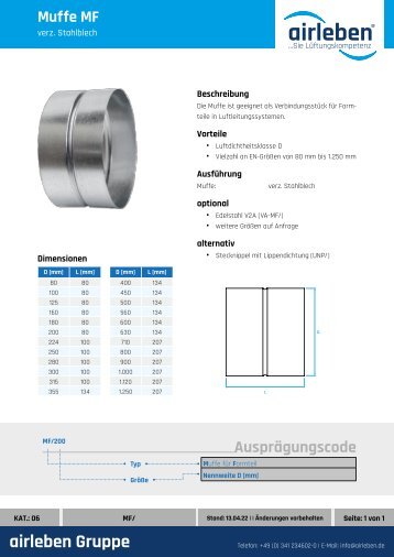 airleben Muffe MF Technisches Datenblatt