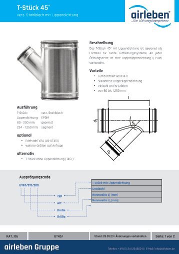 airleben T-Stück 45° Technisches Datenblatt