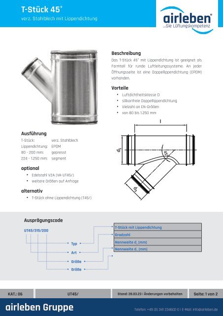 airleben T-Stück 45° Technisches Datenblatt