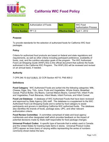 California WIC Food Policy FP 1.0