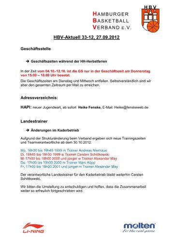 HBV-Aktuell 33-12, 27.09.2012 - Hamburger Basketball-Verband