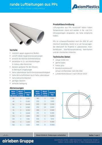 AxiomPlastics runde Luftleitungen - PPs-Rohr Technisches Datenblatt