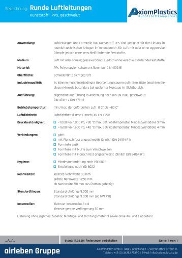 AxiomPlastics runde Luftleitungen - Rohr PPs geschweißt Technisches Datenblatt