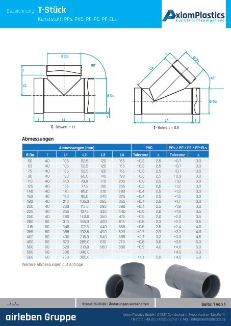 AxiomPlastics T-Stück Kunststoff Technisches Datenblatt
