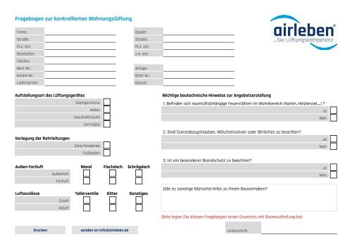 airleben Auslegung kontrollierte Wohnungslüftung Bestellformular