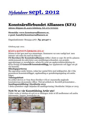 Nyhetsbrev sept. 2012 - Konstnärsförbundet Alliansen KFA